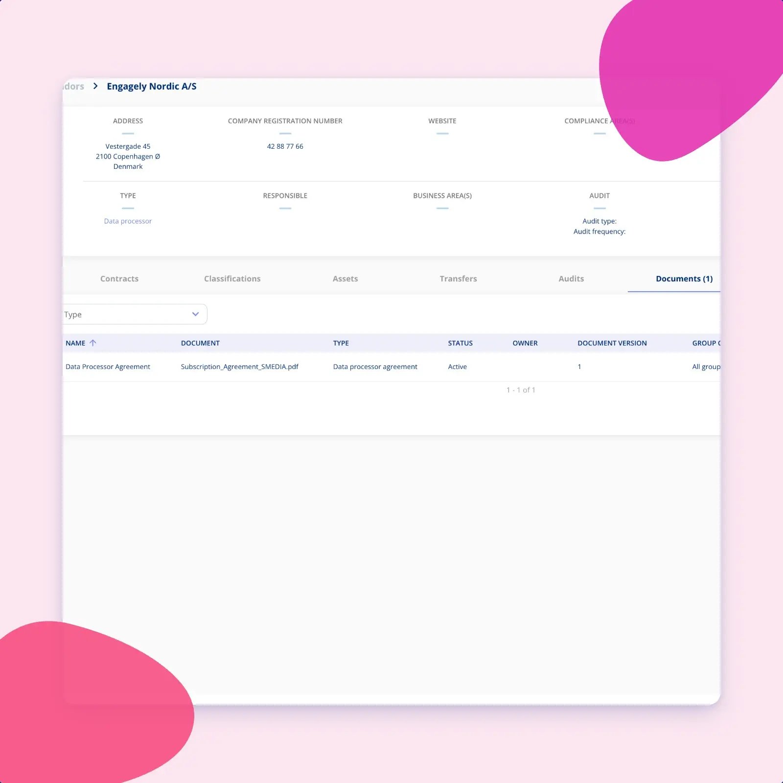 A vendor's documents tab in .legal holding one data processing agreement, with its document type, its version number and its active marking all visible on the row