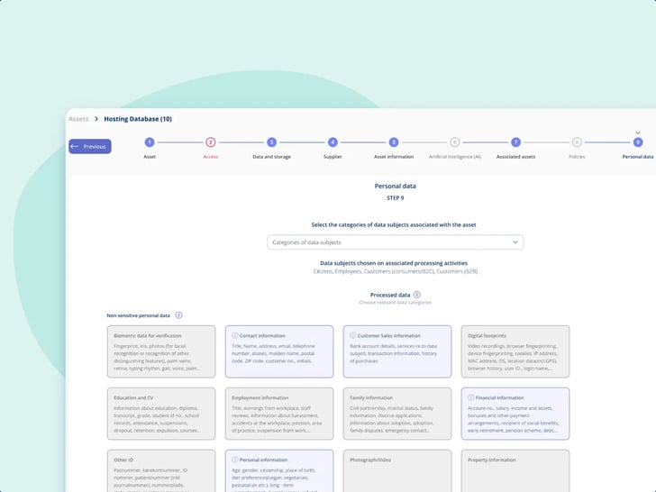 Step 9 of an asset in .legal, Personal data, showing the data subjects already chosen on the processing activities it is associated with and the categories of personal data selected for it