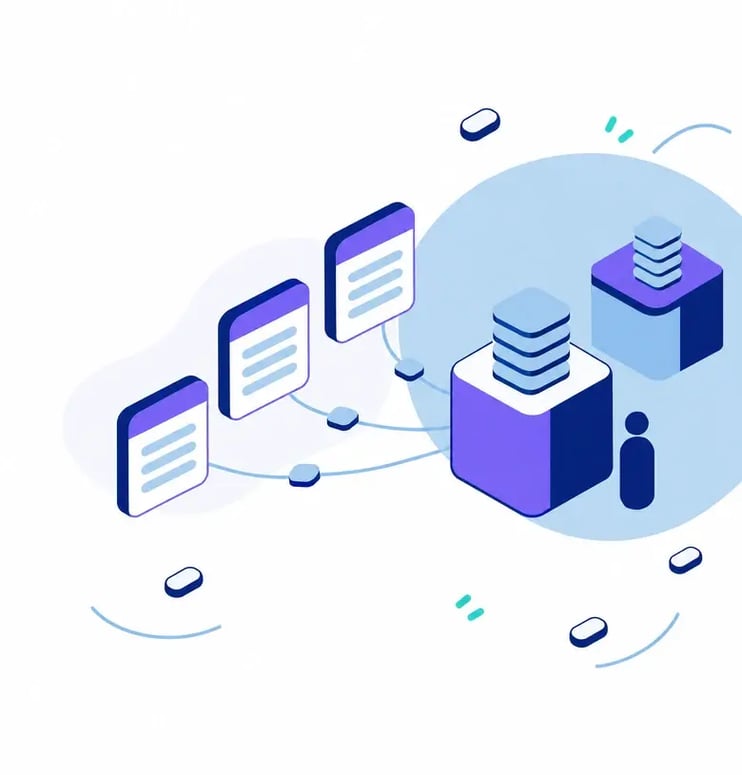 Illustration of three document panels with thin lines running to a violet system block that carries a stack of pale blue chips, a smaller vendor block behind it with the same stack, and a small figure standing beside the system