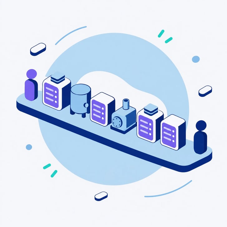 Illustration of one long shelf holding server blocks and industrial shapes, a tank and a pump, side by side, two of the servers carrying a stack of chips, with a figure at each end of the shelf