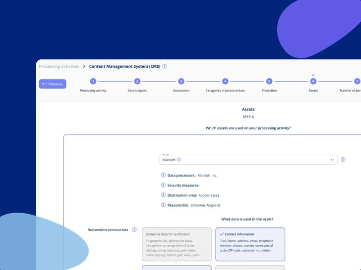 Step 6 of a processing activity in .legal, Assets, with a system chosen, its data processor and responsible shown, and the activity's own categories of personal data to pick from for that system