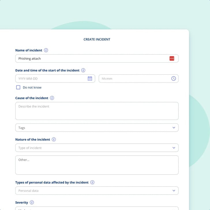 The create-incident form in .legal, with fields for the name, the date and time it started, the cause, tags, the nature of the incident, the types of personal data affected and the severity