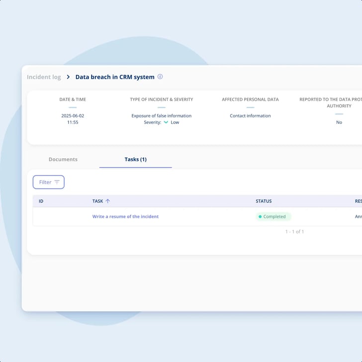 The tasks tab on one incident in .legal, holding a single follow-up task to write up the incident, with its status and the colleague responsible for it