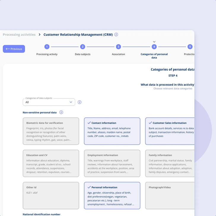 A processing activity open in its stepped flow in .legal, on the categories of personal data step, where each category is ticked on a card — the activity is what you edit, not the record