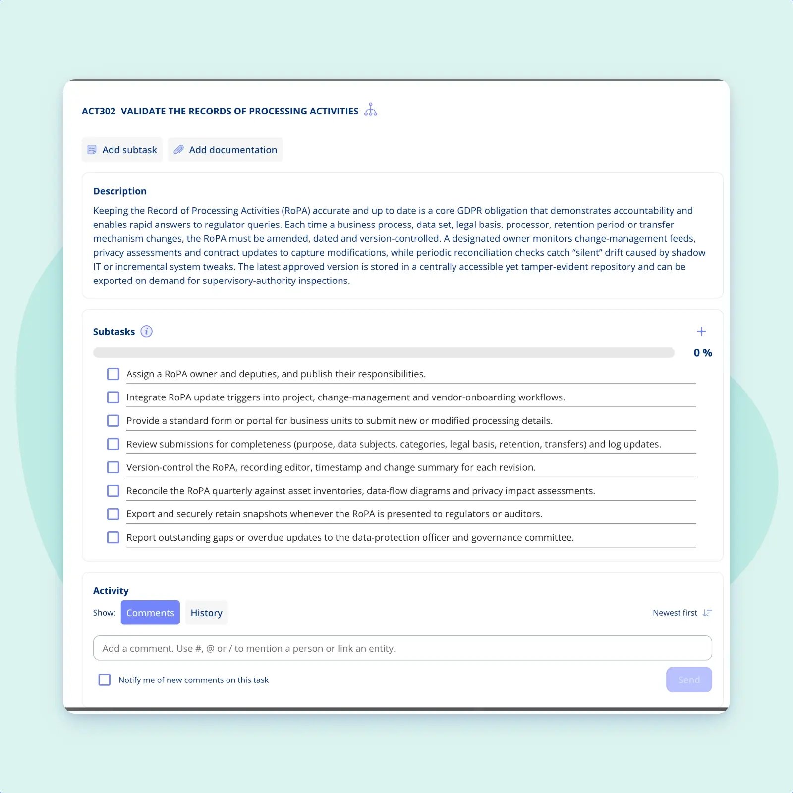 A recurring task in .legal for validating the record of processing, with its subtask checklist at nought per cent, somewhere to attach documentation, and a comment and history log beneath