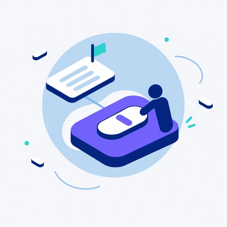 Illustration of a person pressing a plain switch on a console, linked to a record card with a teal flag just raised on its corner