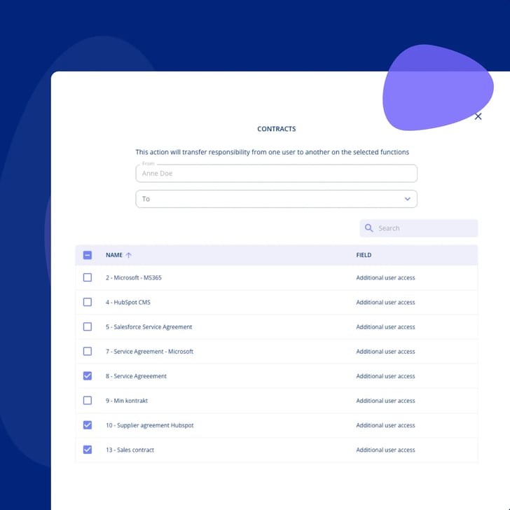 The transfer dialogue for contracts, with the From user locked, a To picker, a search box and one row per contract showing the field the person holds, here additional user access, with three rows ticked