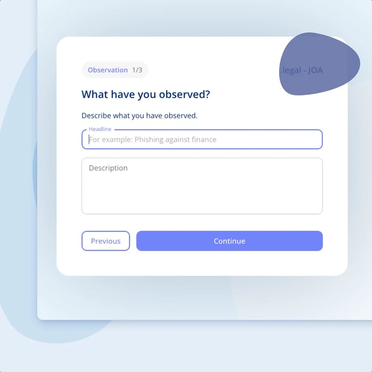 The first step of the public observation form, asking what you have observed, with a headline and a description field and Previous and Continue buttons