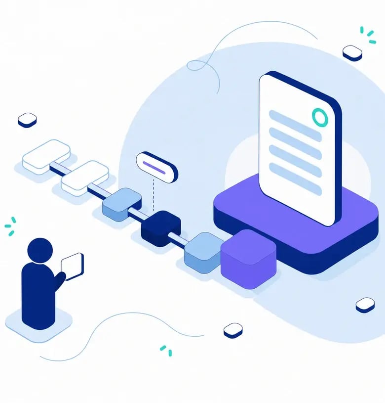 A supplier record at the centre of a mapped chain, with a questionnaire card going out to it, a document coming back, and a decision card carrying a cost beside it