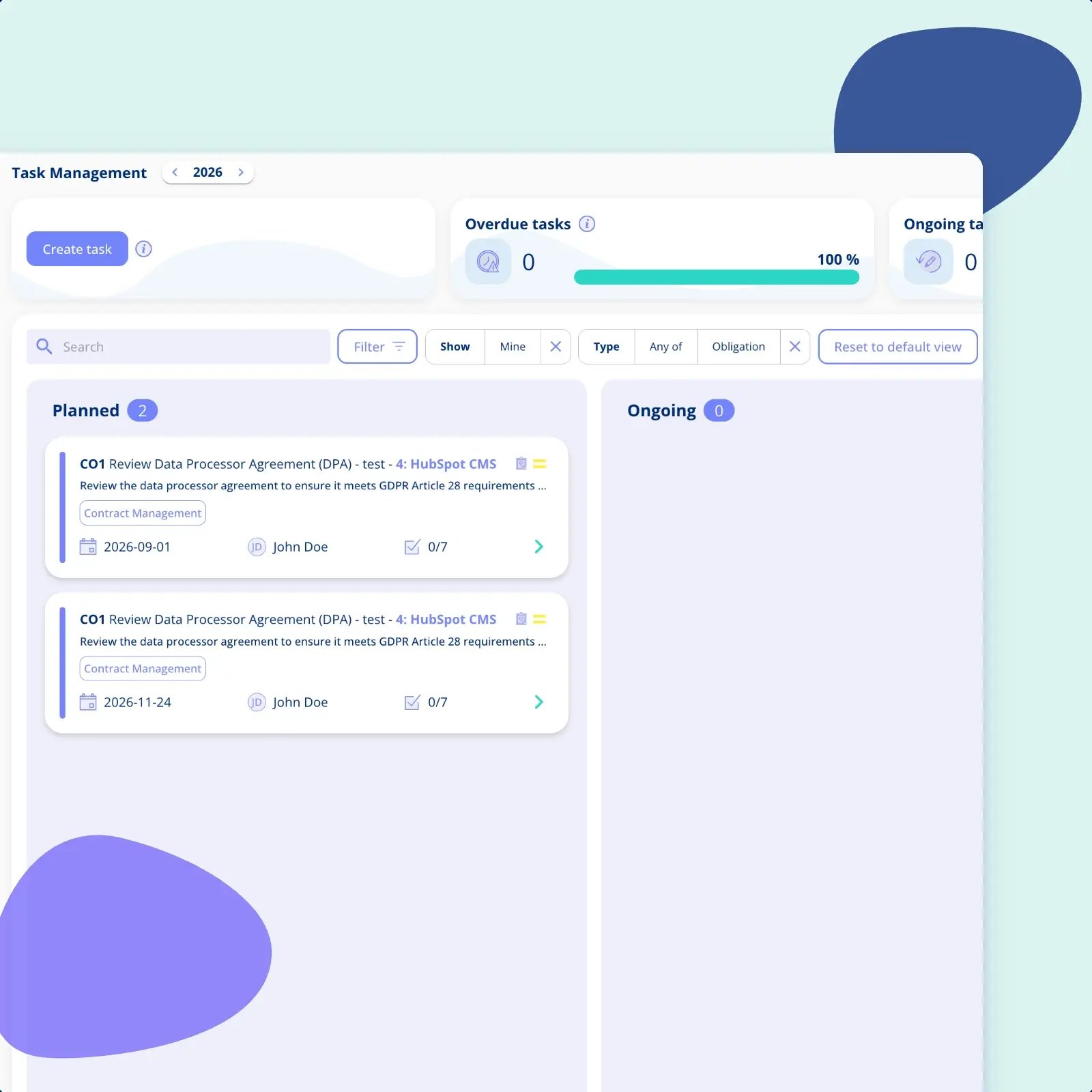 Task Management in .legal filtered to obligation tasks, showing two planned reviews of a data processor agreement with their contract, due date, assignee and subtask progress