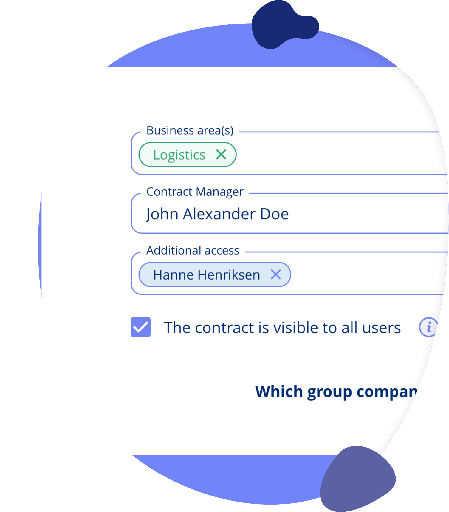 User access management interface in contract management software showing role assignments and permissions
