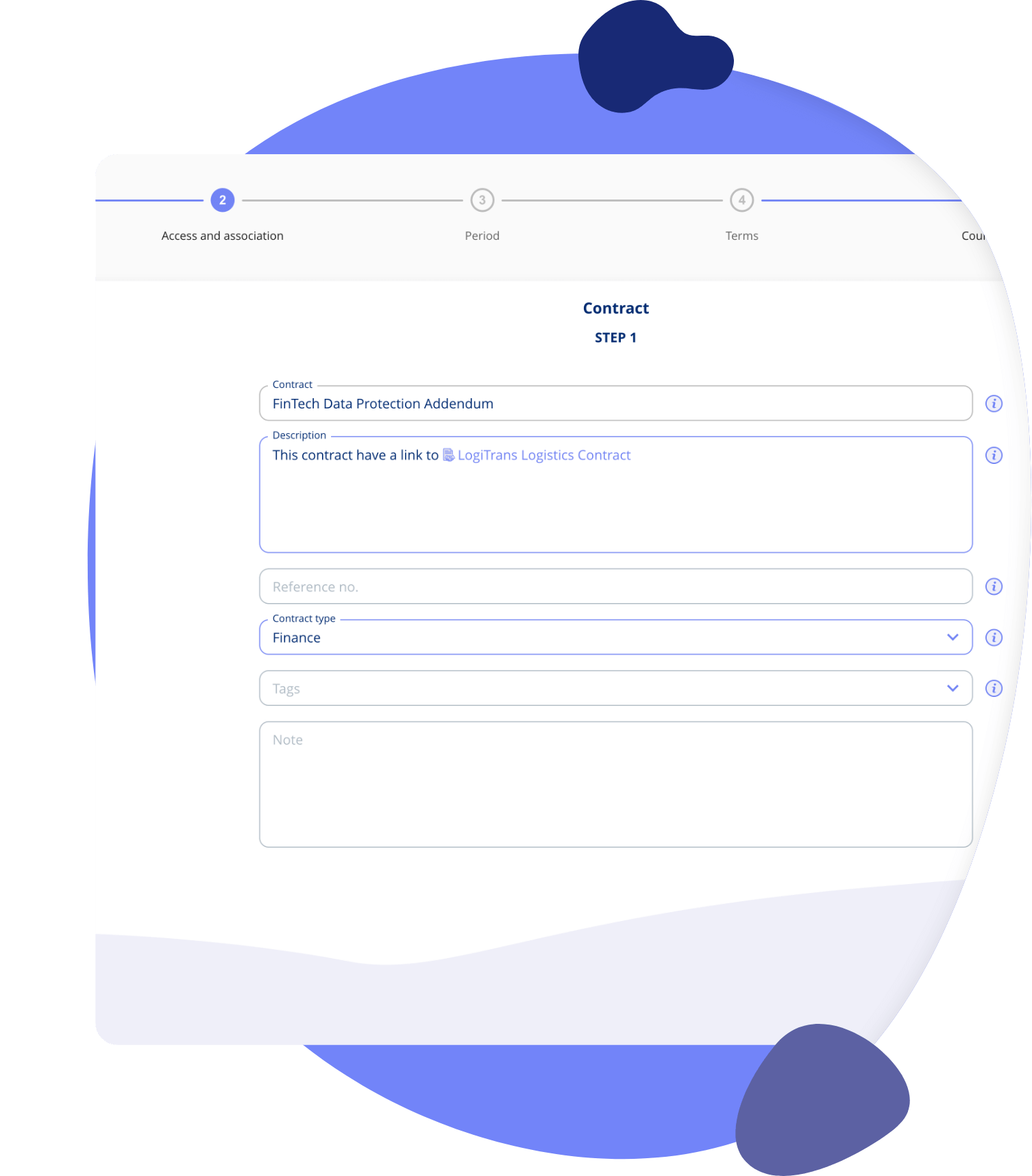 Contract management platform screen displaying contract creation form with counterparty linking options