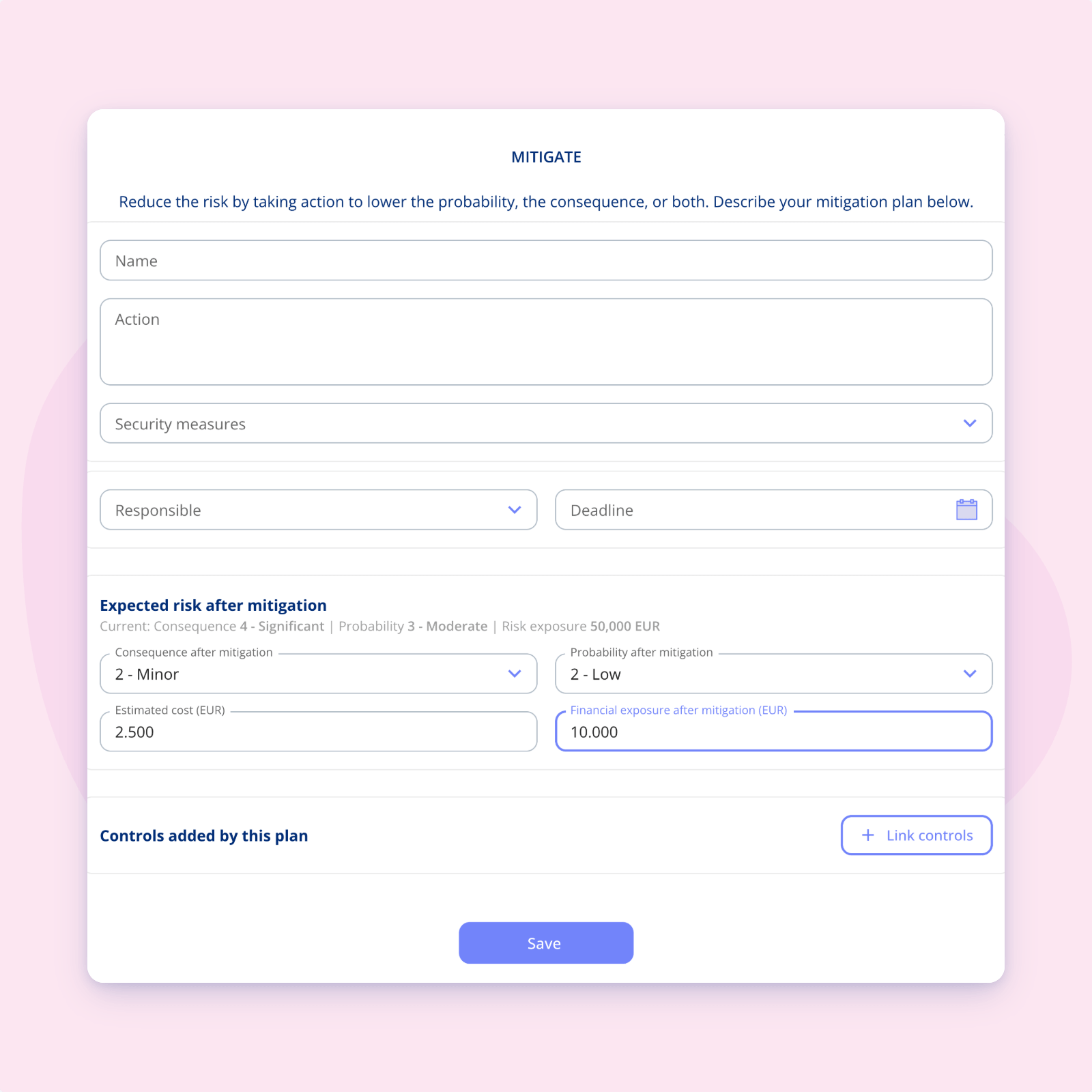 The Mitigate dialog in .legal, stating the current risk and its 50,000 EUR exposure next to the levels expected after mitigation, an estimated cost of 2,500 EUR and an exposure after mitigation of 10,000 EUR