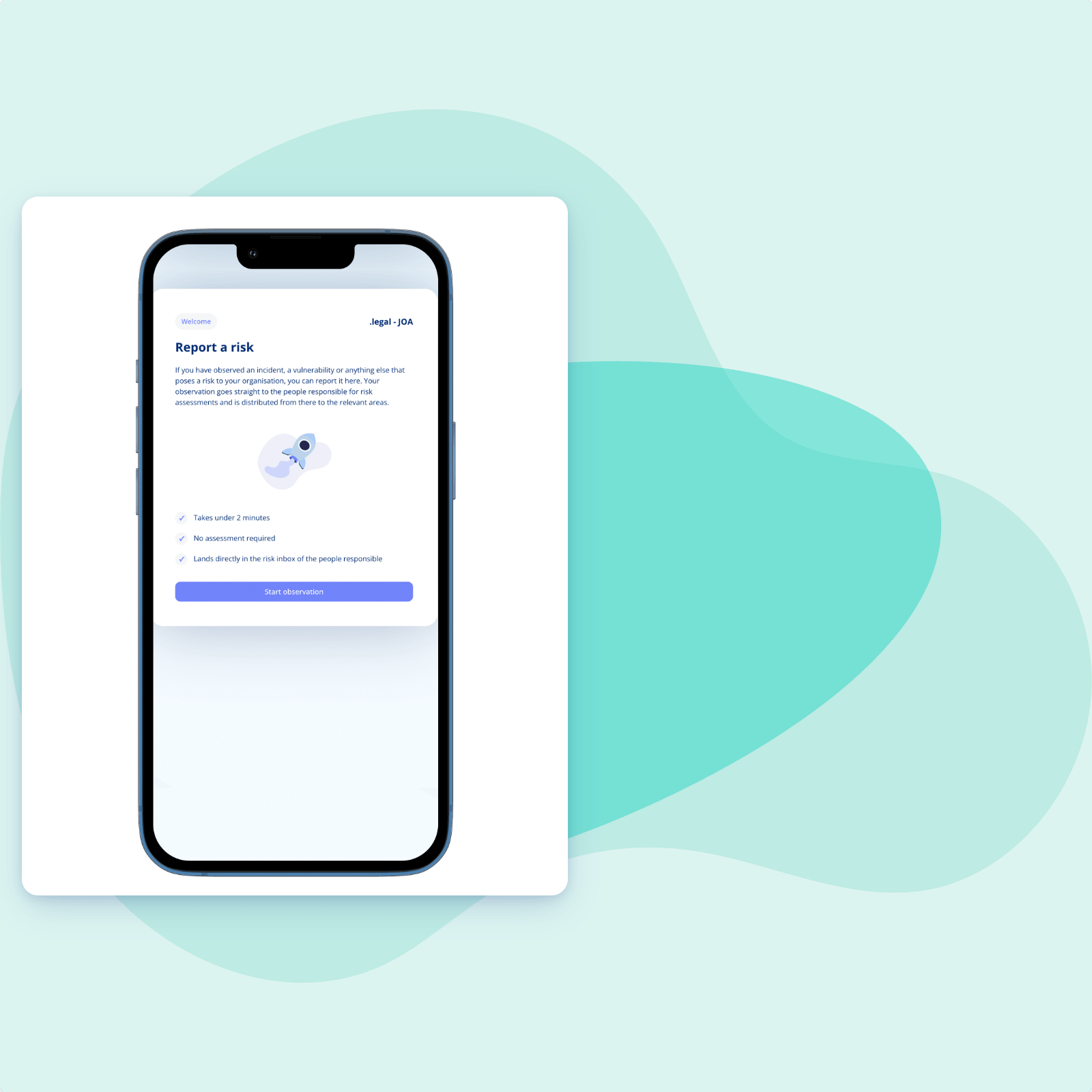 The public report-a-risk form in .legal open on a phone, promising under two minutes, no assessment and delivery straight to the risk inbox of the people responsible