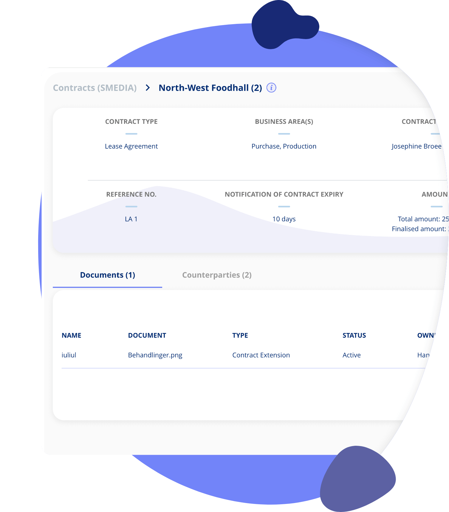 Contract compliance dashboard showing automated notifications for contract deadlines and milestones