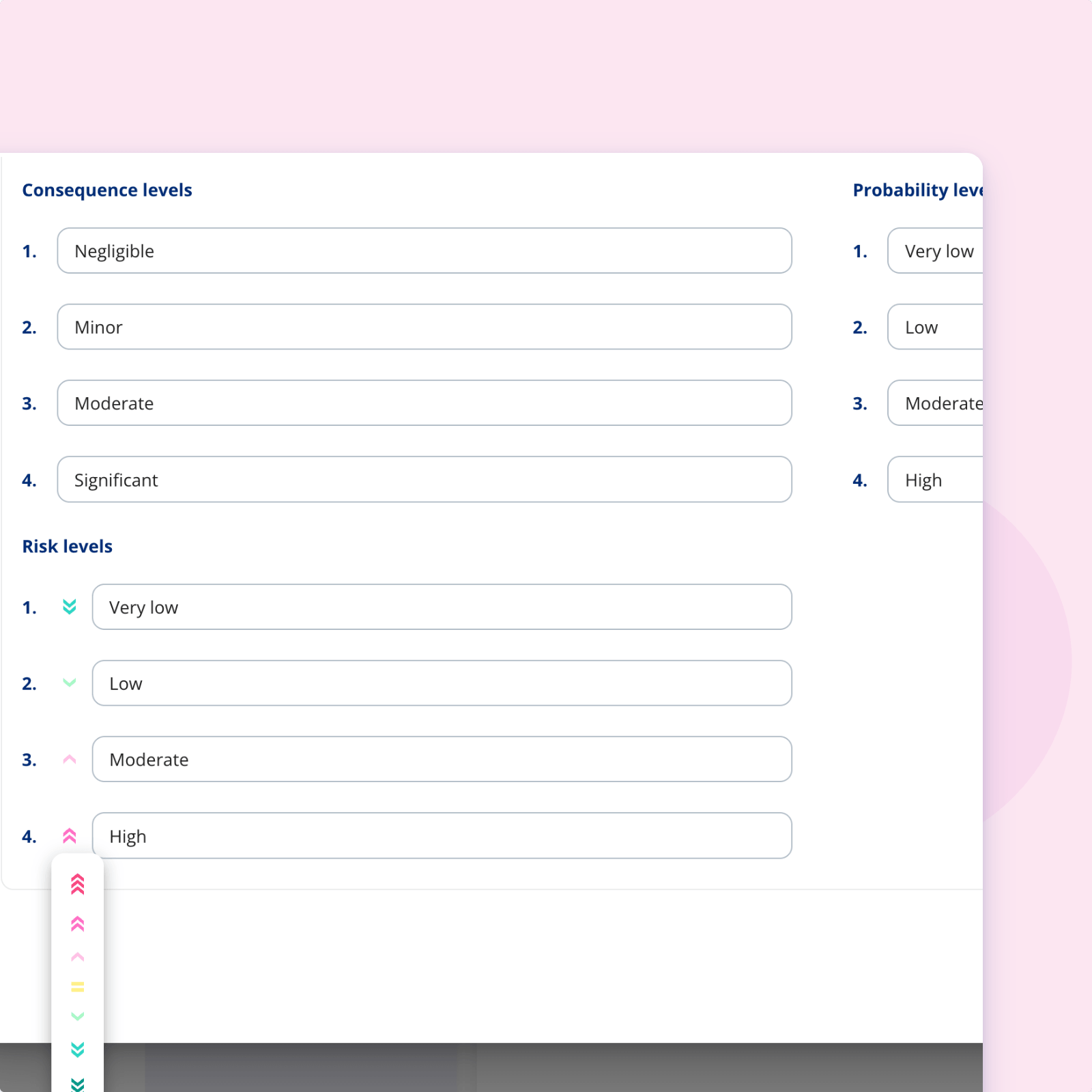 Naming the levels of a risk scale in .legal, with consequence, probability and risk levels each in their own field and the icon picker open on a risk level