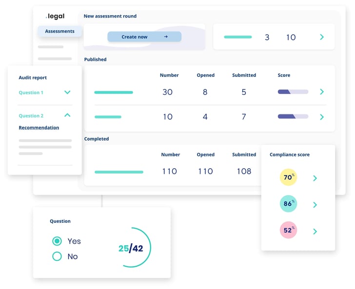 Vendor contract management interface showing linked supplier profiles, contract status, and compliance tracking in .legal