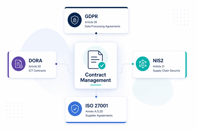 Infographic showing the connection between contract management and compliance obligations under GDPR, NIS2, ISO 27001, and DORA