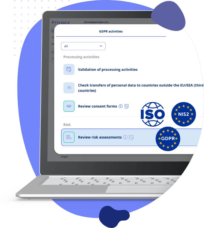 Compliance templates library showing GDPR, NIS2, and ISO framework options