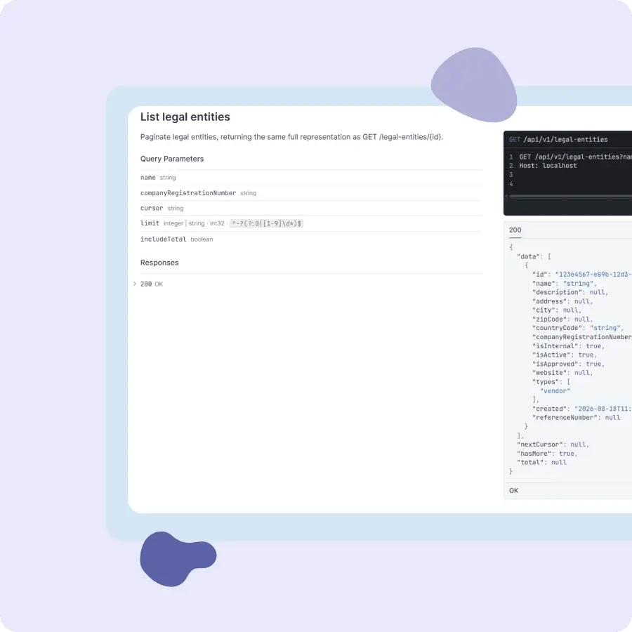 API request creating a legal entity in the .legal compliance platform with custom field values