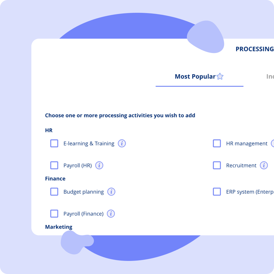 GDPR compliance software templates library showing policy documents, annual wheel tasks and processing activities