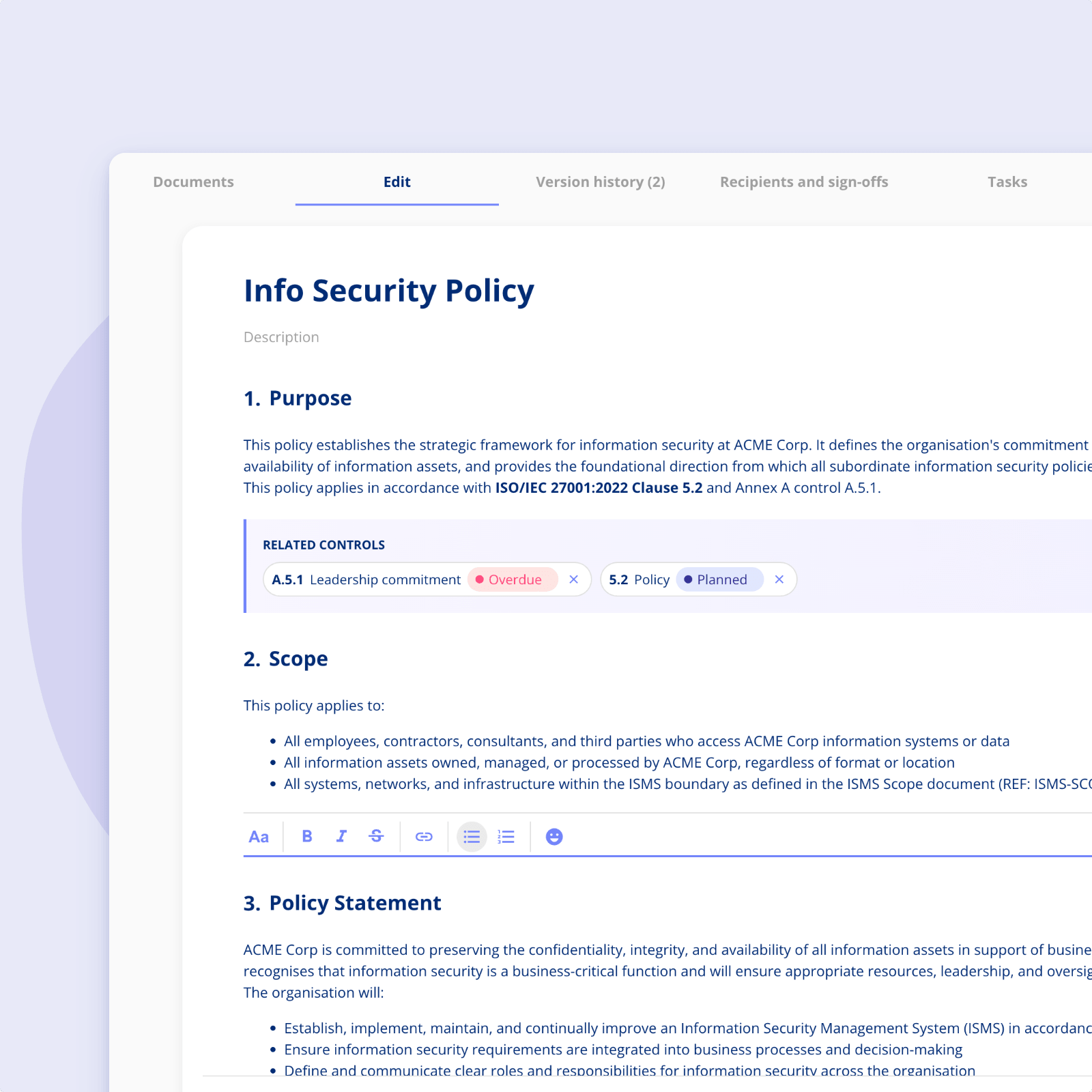 Editing a compliance policy in the .legal policy editor