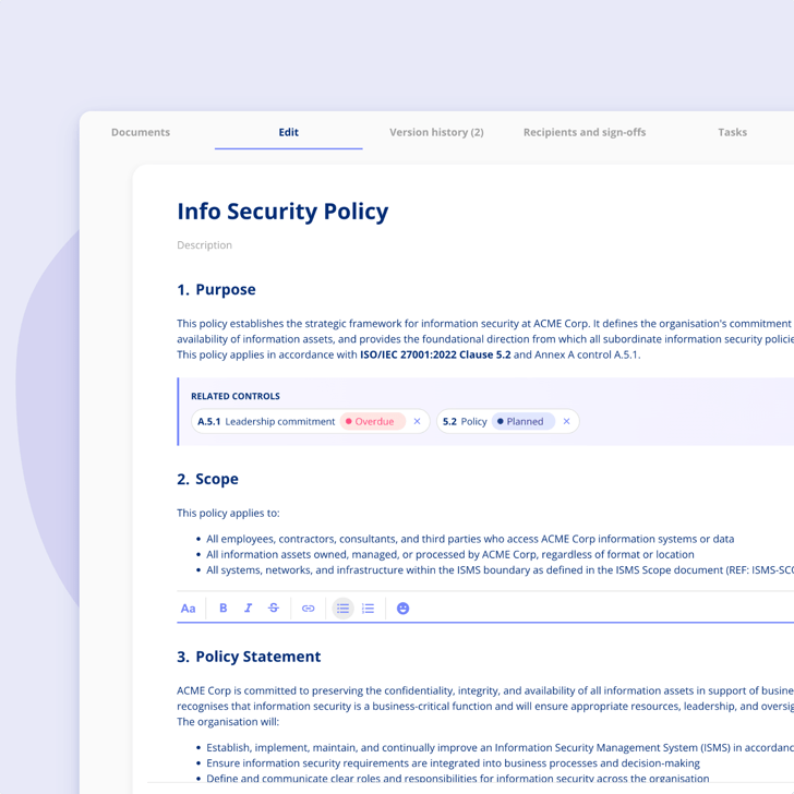 Editing a compliance policy in the .legal policy editor
