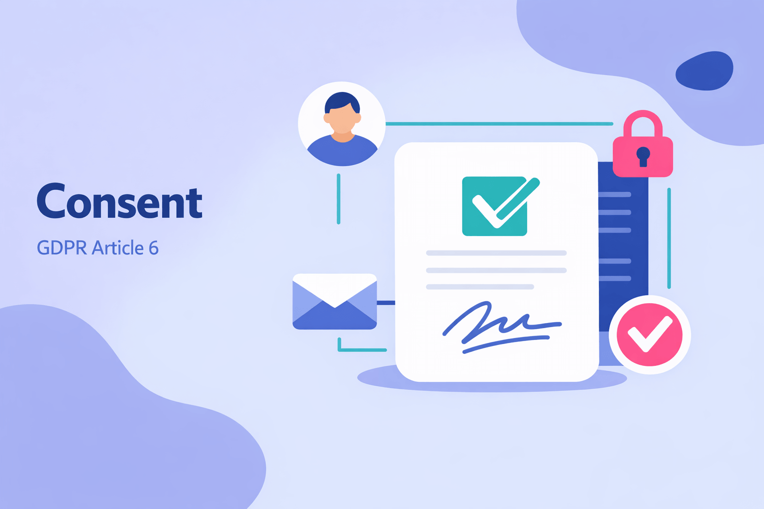 Flad vektorillustration med et hvidt kort med et afkrydset samtykkefelt og en underskriftsgest centralt, omgivet af ikoner for brugerprofil, lås, konvolut og et cirkulært flueben. Overskriften 