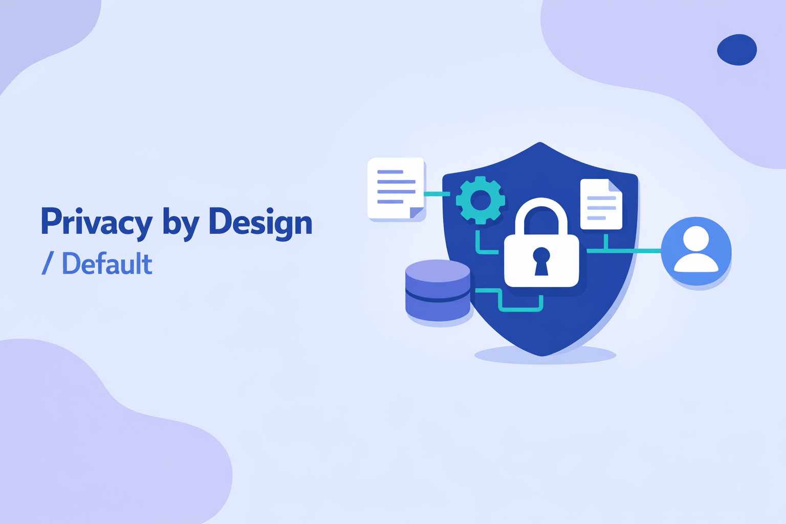 Flad vektorillustration med et stort navy skjold med en hvit lås centralt, omgivet af ikoner for gear, dokument, database og brugerprofil forbundet med teal-farvede linjer. Overskriften 