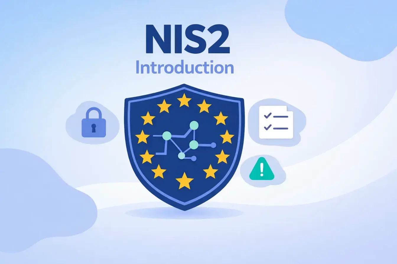 Flad vektorillustration af et EU-inspireret sikkerhedsskjold i mørk navy med 12 gule stjerner og et netværksdiagram i teal og periwinkle indeni. Tre små ikoner flyder rundt om skjoldet: et hængelås-ikon, en tjekliste og en advarselstrekant. Overskriften 