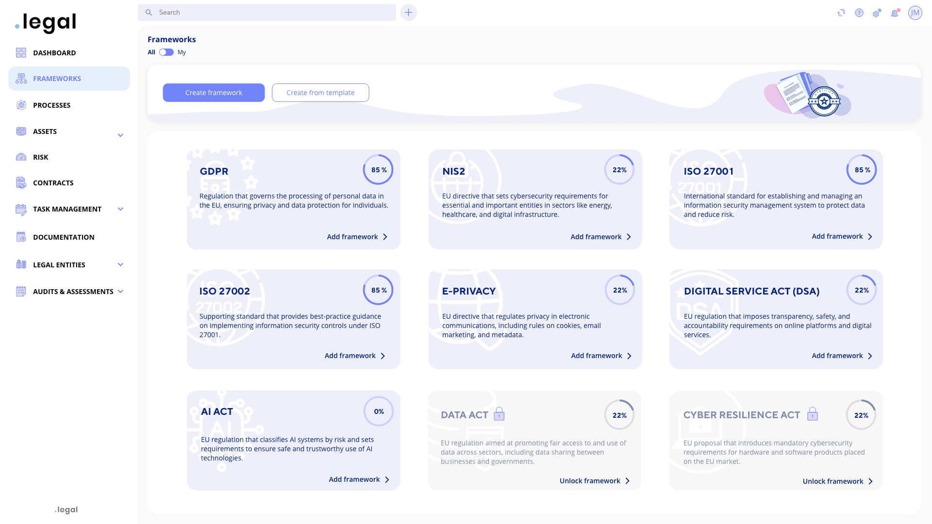 ISMS software dashboard showing ISO 27001, NIS2 and CIS18 compliance frameworks with real-time status tracking