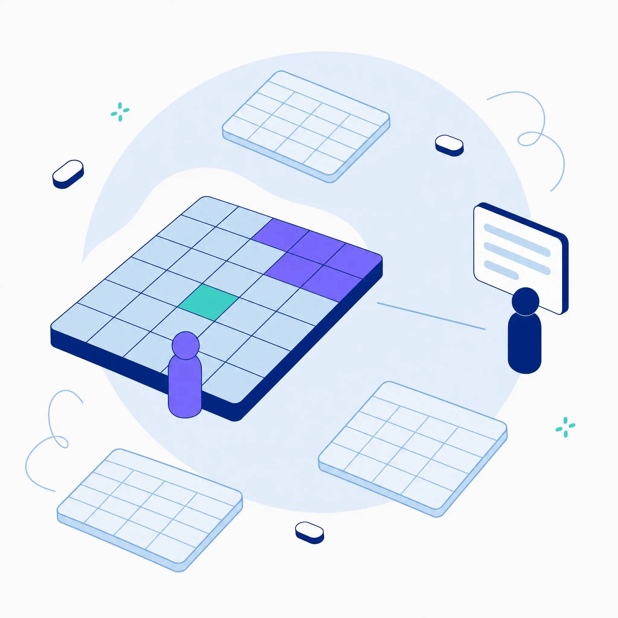 Illustration of one figure standing on a large grid surrounded by more scattered grids, while a second figure stands apart holding a single clean summary card