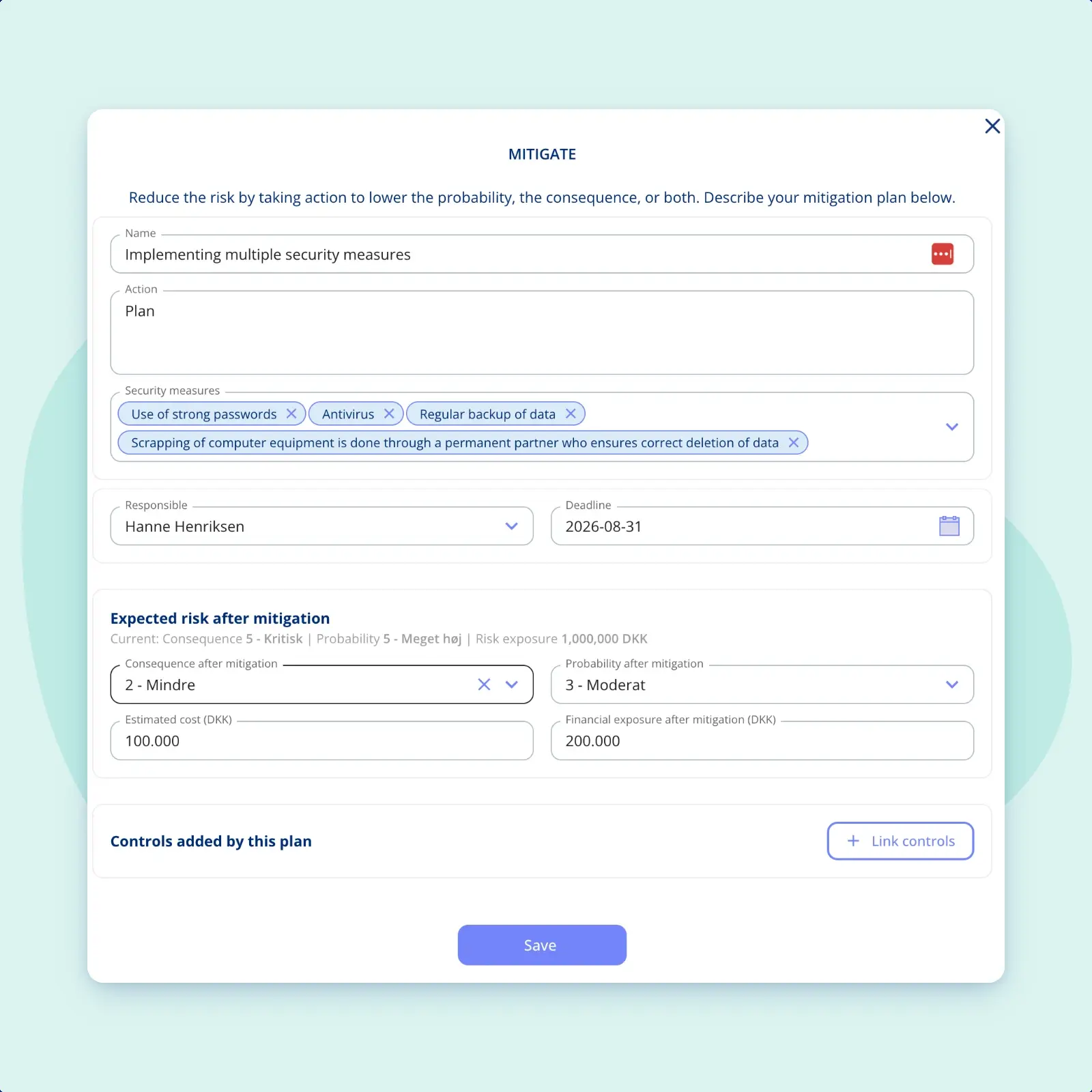 The mitigate dialogue on an assessed risk in .legal, holding the plan's name and actions, the security measures it relies on, a named responsible person and deadline, and the consequence and probability expected afterwards beside the plan's estimated cost and the exposure left once it is done