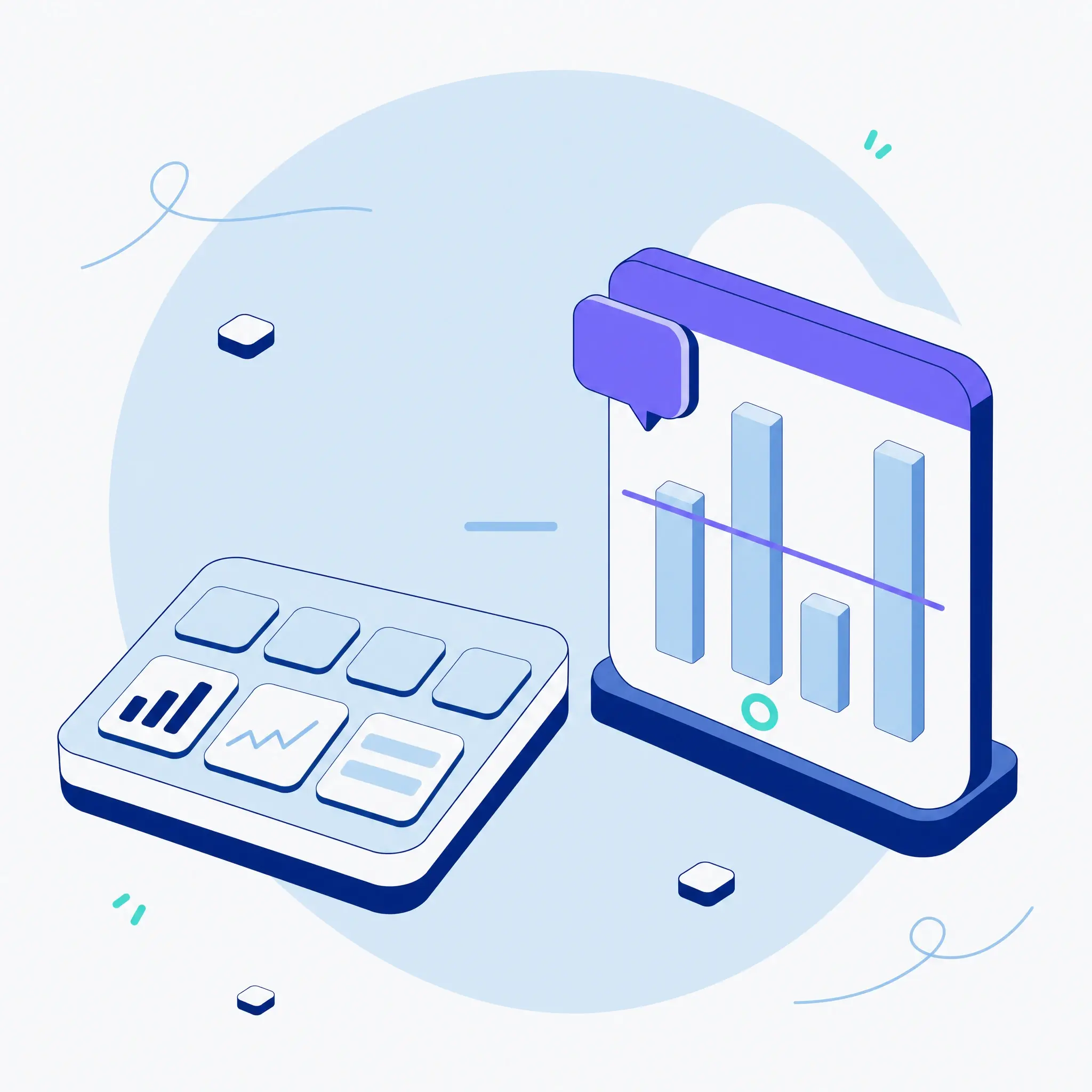 Illustration contrasting two objects: a low board of small operational tiles beside a taller upright report panel carrying a bar chart, a trend line and a comment bubble