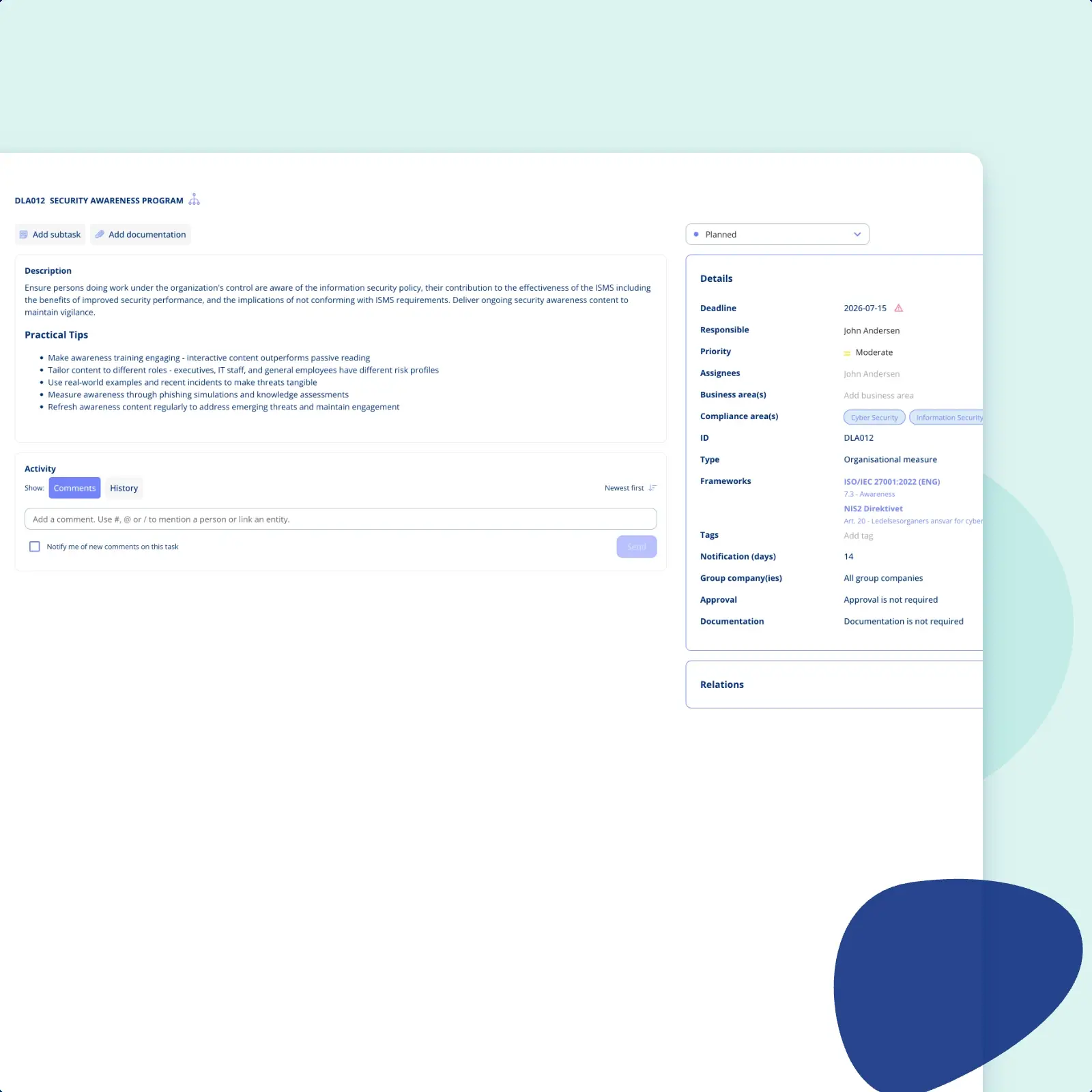 An evidence task in .legal, showing its deadline, responsible owner and notification period, and the ISO 27001 and NIS2 controls it is mapped to