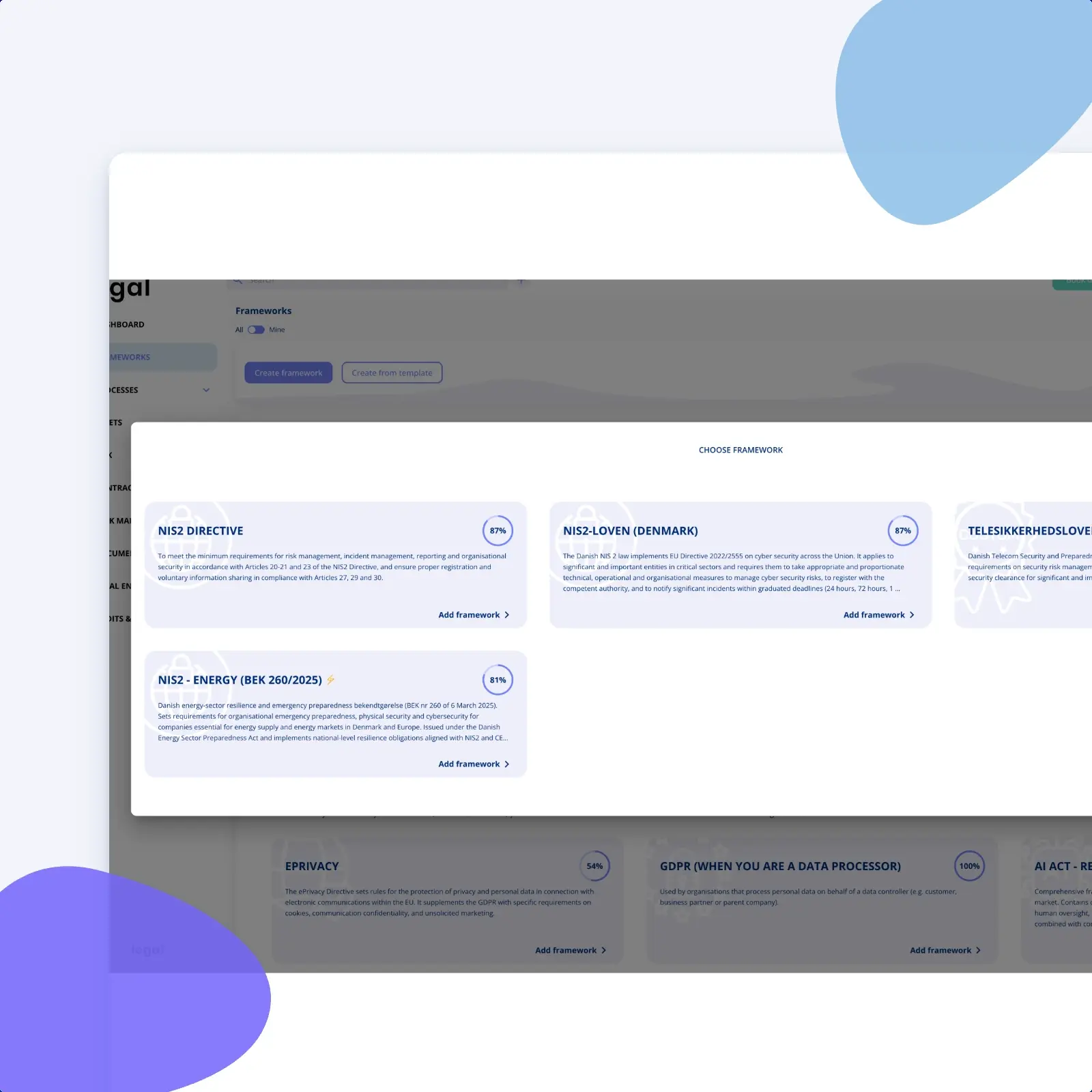 The Choose framework dialogue in .legal filtered to NIS2, with the NIS2 Directive alongside NIS2-loven, the telecoms security act and NIS2 – Energy (BEK 260/2025), each ready to add