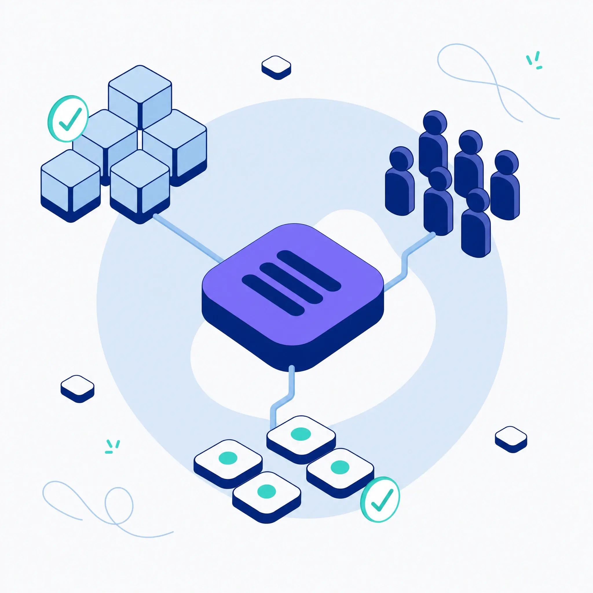 Illustration of a central violet control tile linked out to a cluster of asset blocks, a group of supplier figures and a row of risk chips, all mapped into one place