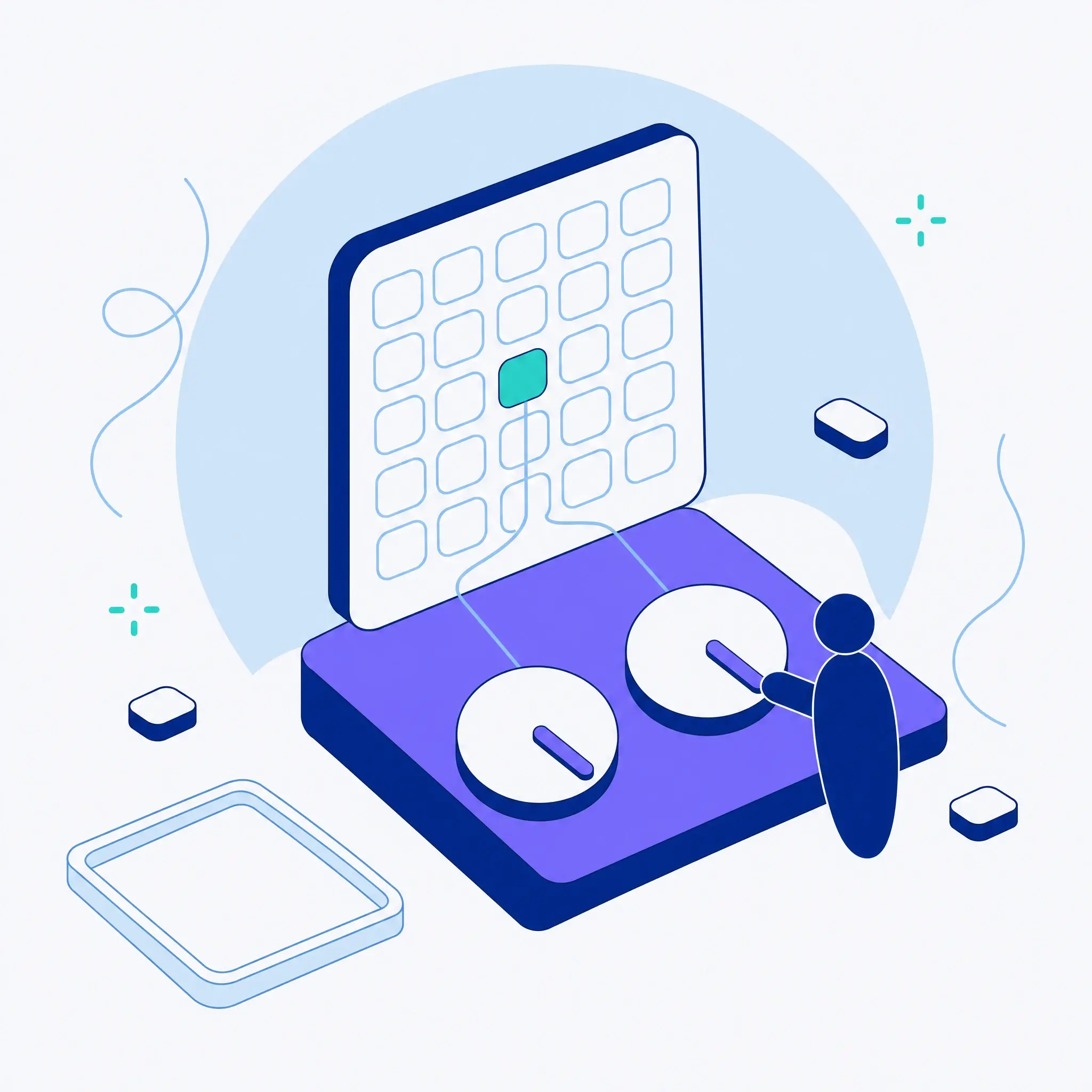 Illustration af en person, der drejer to umarkerede skiver på et kontrolpanel, med linjer op til et tomt gitter, hvor en enkelt celle lyser op som resultatet