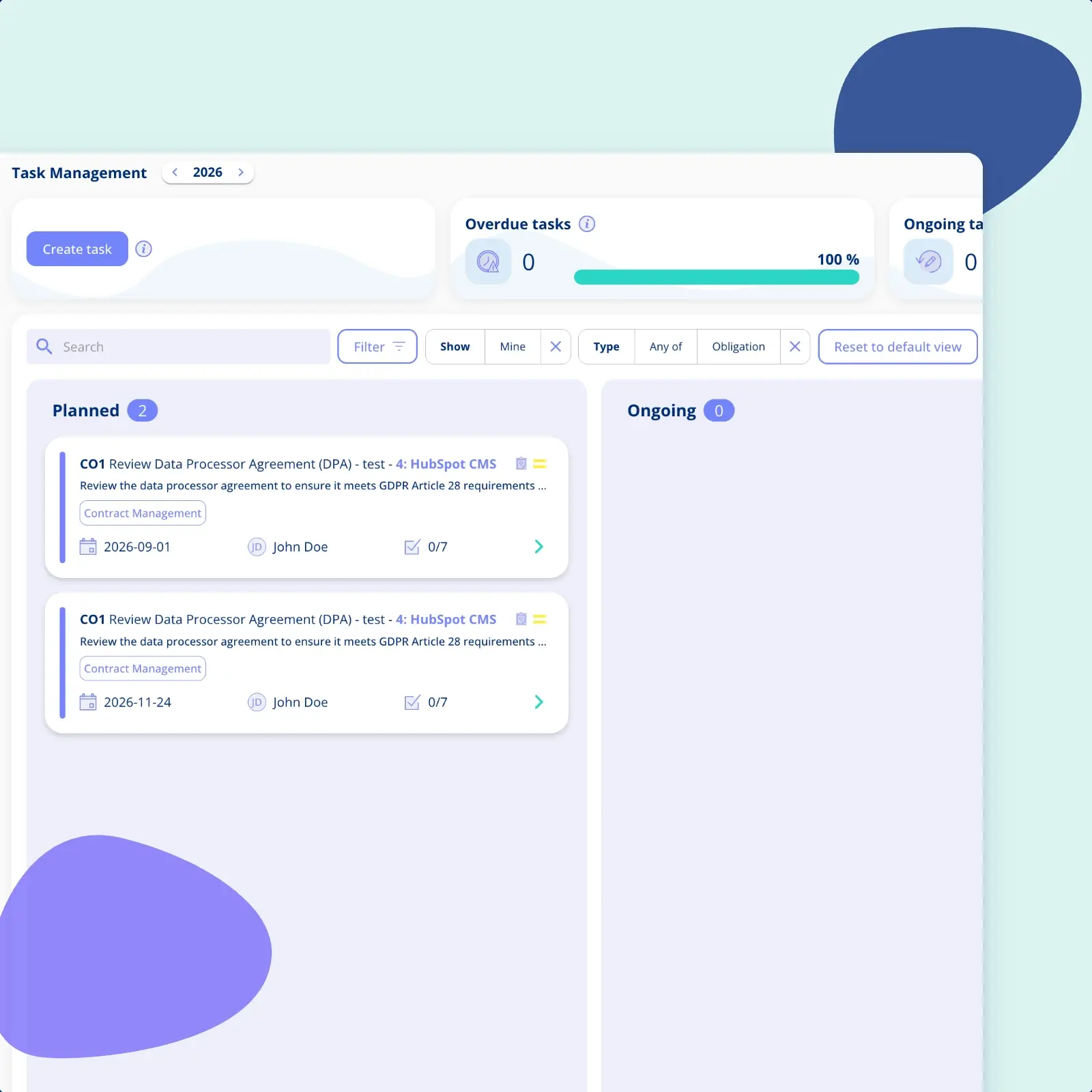 Task Management in .legal filtered to obligation tasks, showing two planned reviews of a data processor agreement with their contract, due date, assignee and subtask progress