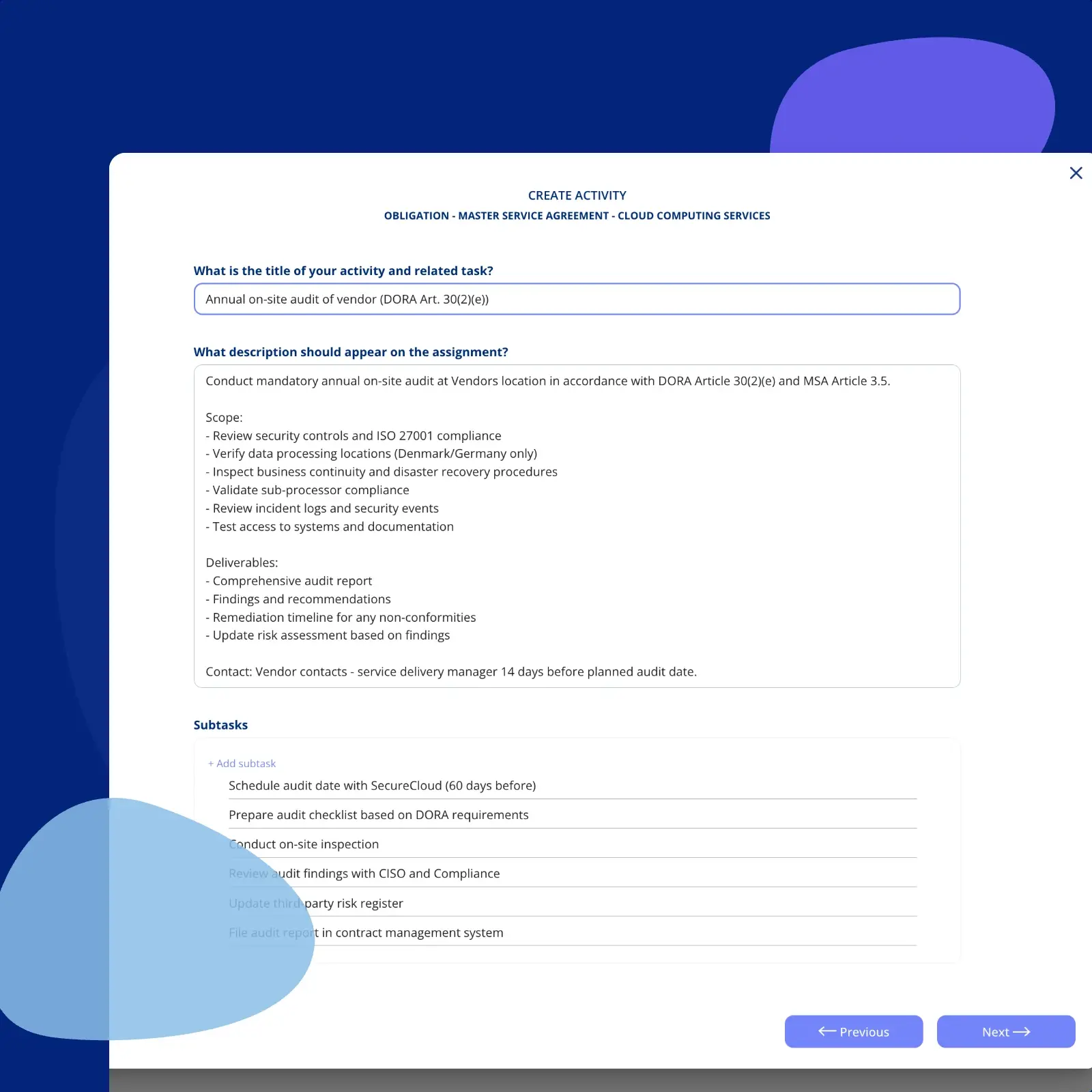 The Create activity dialogue for an obligation on a master service agreement in .legal, with the title of an annual vendor audit, its scope and deliverables, and six subtasks listed underneath