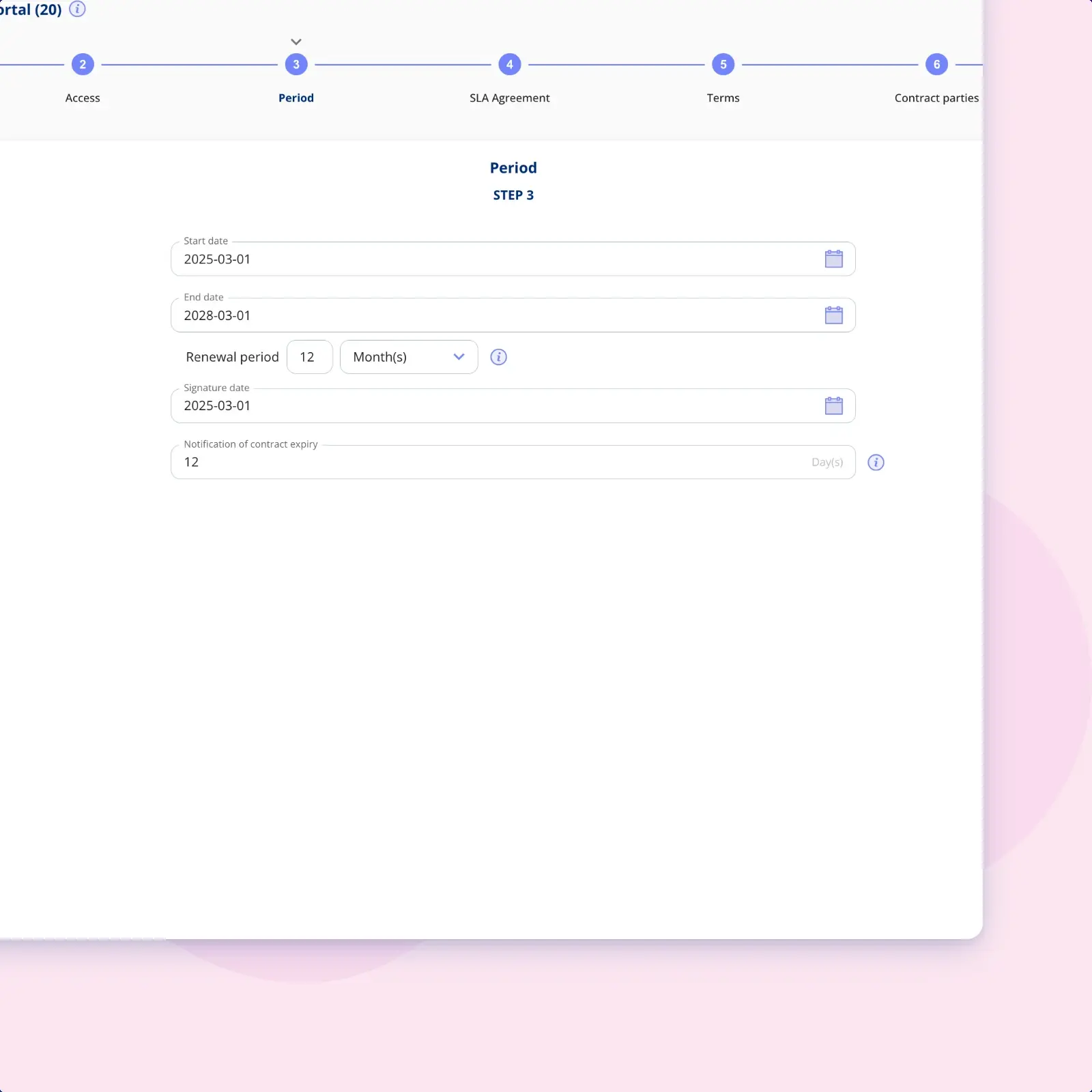 The Period step on a contract in .legal, with the start and end date, a renewal period of 12 months, and notification of contract expiry set 12 days ahead