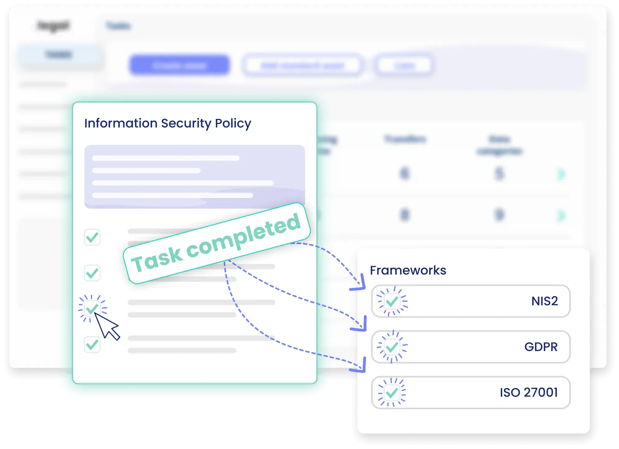 Frameworks module dashboard in .legal showing ISO27001 compliance tool integration with GDPR and NIS2 compliance frameworks for cross-regulation compliance management