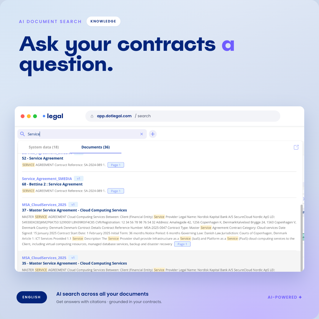 Screenshot af .legal's dokumentsøgning med søgning på tværs af kontraktdokumenter