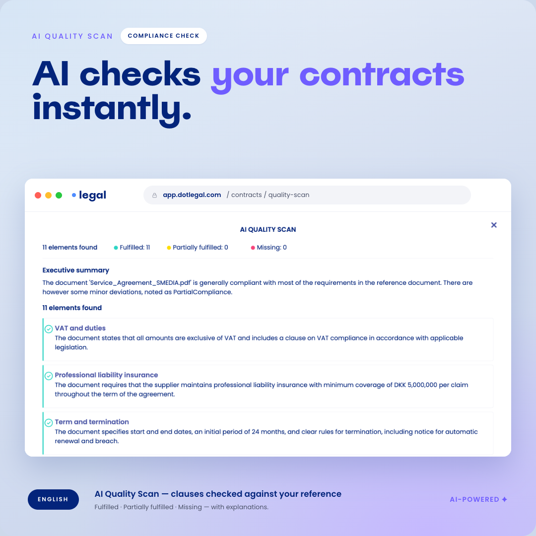 Screenshot af .legal's AI-baserede kontraktgennemgang med markerede opmærksomhedspunkter