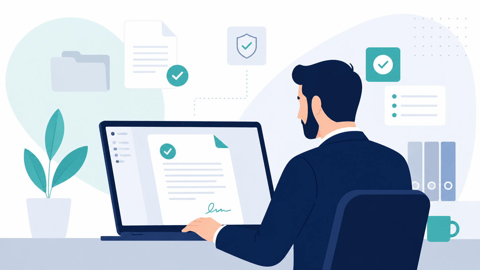 Illustration of contract lifecycle management with six phases from creation to renewal
