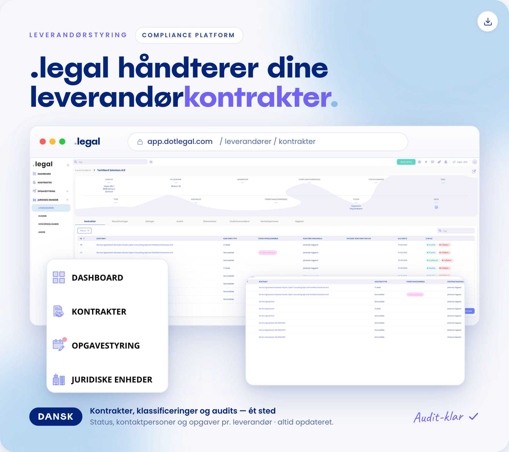 Skærmbillede af .legal leverandørkontrakter-modul med centralt kontraktoverblik fornyelsespåmindelser tilknyttede databehandleraftaler og tilsynslog
