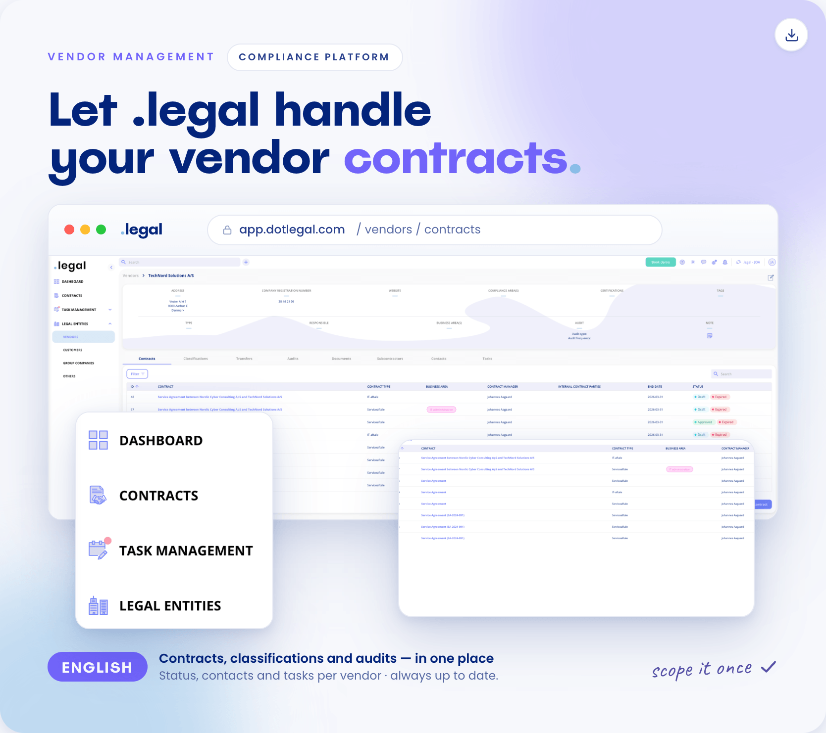 Screenshot of .legal vendor contracts module showing centralised contract overview with renewal reminders linked DPAs and audit log