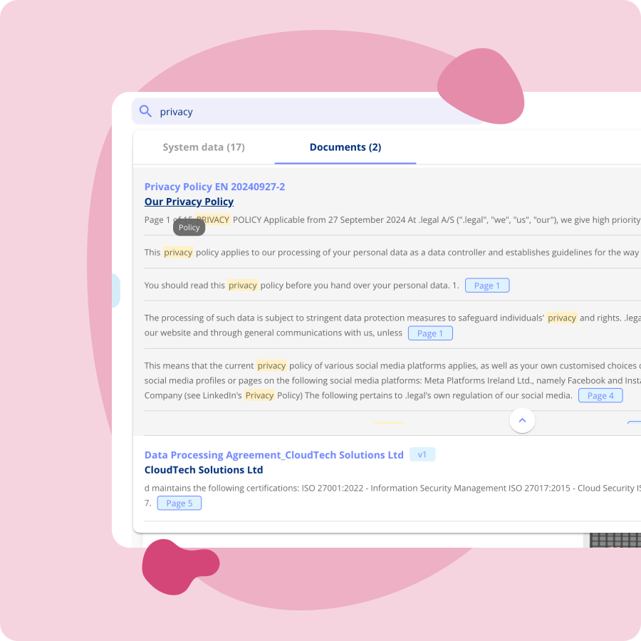 Document search results displaying highlighted keywords in yellow with page numbers and document locations across PDF and Word files