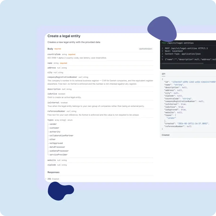 Versioneret API-endpoint med /api/v1/ sti til stabile compliance-integrationer